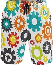 [GuoChe] Mens Swim Trunks Colorful Gears Quick Dry Swimwear Beach Swim Shorts Pants with Mesh Lining, Colorful Gears, Large