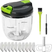 [K Kwokker] Manual Food Chopper, 900ml Manual Food Processors Pull String with 10 Sharp 420 Stainless Steel Blades, Vegetable Chopper Shredder, Onion Slicer Cutter Dicer Grinder with Brush&Screwdriver