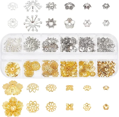 278Pcs Bead Caps, 12 Styles Flower Bead Cap Spacers Brass & Alloy Bead Cap Bails
