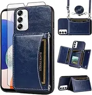 [Asuwish] Phone Case for Samsung Galaxy A14/M14 5G Wallet Cover with Tempered Glass Screen Protector Credit Card Holder Slot Crossbody Strap Stand Cell Accessories A 14 4G 14A 14M G5 Women Girls Blue