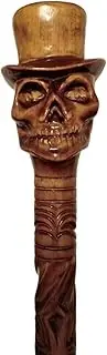 Wooden Skull Designer Head with Cap Hand Carved Walking Cane - Premium Wood Carved Walking Stick Cane with Ergonomic Palm Grip Handle - 36" Brown Handmade Elegant Carved Walking Stick for Men Women