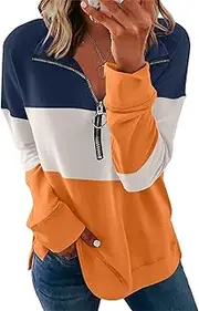 [Generic] Women'S Loose Quarter Zip Pullover Tops Casual Long Sleeve Zipper Pullover Sweatshirt Side Split Color Block Sweater