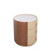 Fin Marble Top Bedside Table With 3 Drawers Leathered Nightstand Living Room