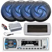 Pyle Bluetooth Marine Radio,Cover, Antenna,Amp,Kit, 4x 4" 100W LED Black Speaker