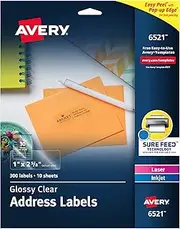 Avery 6521 Glossy Crystal Clear Address Labels for Laser & Inkjet Printers, 1" x 2-5/8", 300 Labels