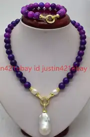 12mm Purple Sugilite Natural White Keshi Baroque Pearl Pendant Necklace Bracelet