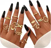 [Thunaraz] 12 PCS Stackable Gold Rings for Women 14K Gold Plated Twisted Round Signet Rings, Adjustable Open Chunky Rings for Gift