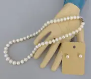 9mm Cultured Pearl Necklace & Stud Earring Set Sterling Silver NWT $200