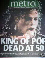 MICHAEL JACKSON DEAD AT 50 HISTORICAL PHILA. METRO NEWSPAPER