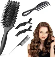 Curling Brush Set - 5 Pieces: Wide Tooth Comb, Tail Comb, 2 Hair Clips & Bounce Curl Brush - Ideal for Curls and Volume Styling