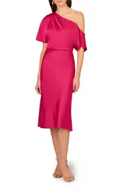 Aidan Mattox by Adrianna Papell One-Shoulder Satin Crepe Midi Dress in Bright Rose at Nordstrom, Size 16