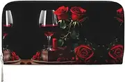 [SKKNT] Red Rose and Wine Romantic Lovers Decor Print Spacious Trendy Leather Hand Wallet Women Wallet Clutch for Casual and Travel Use, Black, One Size, Art