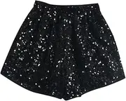 [Generic] Sequin Shorts for Women Summer High Waist Elastic Sparkly Shorts Straight Leg Loose Fit Casual Hot Pants 2025 Trendy