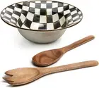 Enamel Salad Serving Set, Enamel Bowl and Wooden Salad Servers, Decorative Kitch