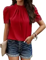[AILLOSA] Women's Spring and Summer Temperament Casual Solid Color Half-High Neck Lace Short Sleeve Top