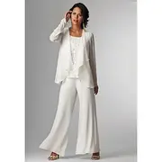 TS Beach Wedding Jumpsuit / Pantsuit 3 Piece Mother of the Bride Formal Wedding Guest Elegant Plus Size Wrap Included Bateau Neck Floor Length Chiffon Sleevel