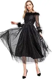 [Generic] Unique Women Evening Gown Dress Black/White Mesh Long Sleeve Winter Feather Swing Casual Dress