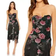 Mac Duggal Strapless Floral Embroidered Fringe Detail Midi Dress $798 - Size 12