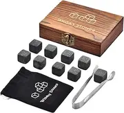 Whiskey Stones Gift Set – 9 Granite Whisky Rocks, Cool Bourbon Gifts for Men, Dad, Husband, or Boyfriend – Unique Anniversary, Birthday