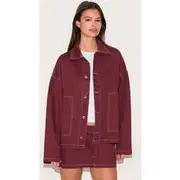 Burgundy Contrast Stitch Pocket Patch Detail Denim Shirt, Burgundy