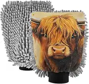 XYMZR Retro Highland Cow Brown Absorbent Microfiber Car Wash Mitt, Funny Cute Anime Scratch Free for Cars Cleaning, Home Cleaning Mitts, 2 Pack, 10.24” L x 7.09” W