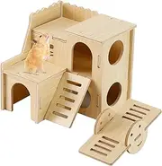 Wooden Hamster Hideout Cage Accessories, Guinea Pig House and Seesaw, Double-Decker Hide Hut with Slide, YITOBA Hamster Chew Toys for Pet Rats, Hamster Platform for Dwarf Gerbils (Two-Story)