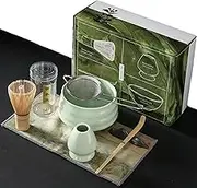 SHGarden Japanese Matcha Tea Set 7pcs Matcha Whisk Set Including Bamboo Whisk Scoop Holder Ceramic Bowl Whisk Holder Matcha Powder Strainer and Towel for Matcha Tea Ceremony SH0053 (Light Green)