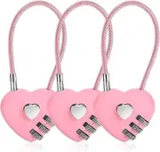 [OMEIKE] Luggage Combination Locks 3 Pcs, Digit Pink Combination Padlock Mini Love Heart Lock with 4.13in Steel Wire Rope Outdoor Waterproof Padlock for Travel Bag, Suit Case, Lockers, Fence, Cabinet (Pink)