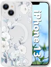 Tcaraersing for iPhone 13 6.1'' for Magnetic Clear Flower Case, Compatible with MagSafe, Floral Pattern Transparent Shockproof PC Back Soft TPU Slim Thin Cover for Girls Women - Hibiscus