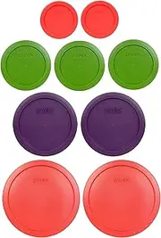 [Pyrex] 9 Item Bundle: (2) 7402-PC Red (2) 7201-PC Purple, (3) 7200-PC Lawn Green, (2) 7202-PC Red Lids - Made In The USA