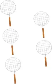 Yardwe 5pcs Stainless Steel Cooking Rack with Wooden Handle Round Roaster Roti Grilling Rack Barbecue Wire Mesh Steaming for Outdoor BBQ