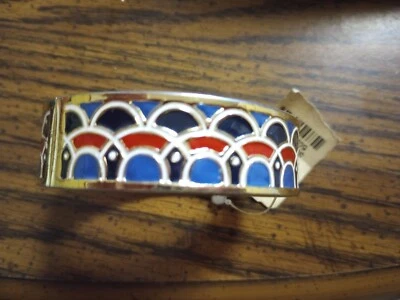 Talbots Bangle Cuff Scalloped Enamel Bracelet Blue Red Gold tone Hinged With Tag