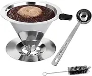 Weidllys Pour Over Coffee Dripper Stainless Steel Coffee Filter Metal Cone Filter Paperless Reusable Coffee Filter Single Cup Coffee Maker 1-2 Cup With anti slip pad、measuring spoon and Cleaning Brush