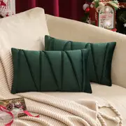 2x Velvet Throw Pillow Couch Bed Sofa (Inserts + Pillow Covers, Dark Green)