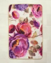 Watercolor Floral Bath Rug Pink Rose Purple Hydrangeas Spring Blooms Bath Mat