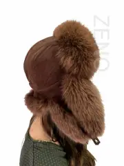 Finn Fox Fur Hat With Suede Brown Color Fur Saga Furs Aviator Fur Hat