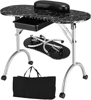 Costway Black Manicure Nail Table, Portable Station Desk w/Carrying Bag, Soft Wrist Pad, Storage Drawer, Lockable Casters, Spa Salon Workstation Equipment