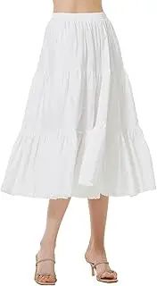 [BEAUTELICATE] Women Cotton Skirt A-Line Long Skirt Midi Pleated Skirt with Pockets Vintage Summer Tiered Beach Skirt with Lace Elastic Waist 75cm 90cm