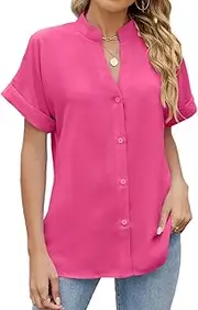 [C CNOOCA] Women's Short Sleeve Button Down Shirt, V-Neck Mandarin Collar V-Neck Loose Short-Sleeved Button-Down Shirt Solid Color top