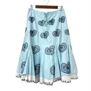 Cordelia ALine Midi Skirt Corset Blue Embellished Hearts Size M Boho Cottagecore
