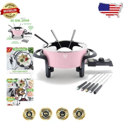 Deluxe 14 Cup Pink Fondue Pot with Adjustable Temperature & 8 Forks for Parties