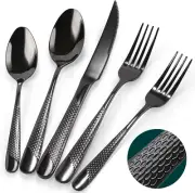 Silverware Set, 30 Pieces Black Hammered Flatware Set for 6, Mirror Polished Set