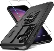 Compatible with Samsung Galaxy S24+ Plus Case Built in Slide Camera Lens Cover+Screen Protector+Ring Holder,Heavy Duty Shockproof Full Body Phone Cover,2024 Black