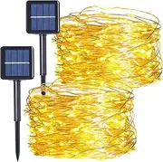 Solar String Lights Outdoor, HF 12M 200 LED Solar Powered Fairy Light with 8 Lighting Modes, Waterproof Copper Wire Tree Lights Lights for Christmas Party Decoration (Warm White-2 Pack)