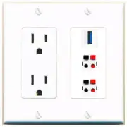 3 Port Power Outlet Cover Plug Jack UL 2 Gang 2 SPEAKER USB-3 Wall Plate