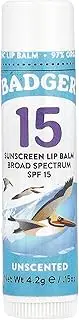 Badger - SPF 15 Clear Zinc Oxide Sunscreen Lip Balm SPF 15, Unscented - .15 oz Stick