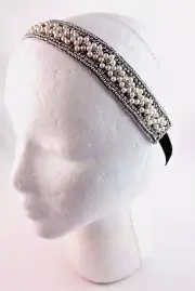 Pearl Rhinestone Headband Silver Beads Black Elastic Back Bridal Prom