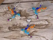 Hummingbird Sterling Silver Multi Gemstone & Opal 3 Pcs Set Pendant Earrings U25