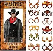 Western Wanted Photo Booth Prop, 13pcs Wanted Poster Selfie Frame and Photo Booth Prop Glasses for Cowboy Wild West Party Decoration Theme Birthday Photoshoot Supplies