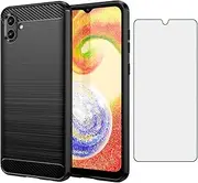 [Asuwish] Phone Case for Samsung Galaxy A04 with Tempered Glass Screen Protector Cover and Cell Accessories Slim Thin Soft TPU Silicone Rubber Protective Rugged Ao4 A 04 4G Women Men Carbon Fiber Black